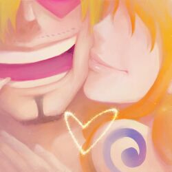  1boy 1girl arm_tattoo blonde_hair cigarette closed_mouth commentary facial_hair goatee heart heart-shaped_eyes hoshidanngo kiss kissing_cheek long_hair nami_(one_piece) one_piece open_mouth orange_hair sanji_(one_piece) short_hair smile tattoo teeth  rating:General score:12 user:danbooru