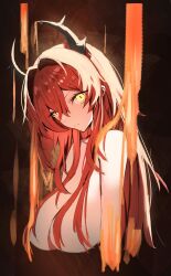  1girl absurdres arknights breasts closed_mouth commentary dark_background demon_girl demon_horns expressionless hair_between_eyes highres horn/wood horns large_breasts lava long_hair looking_at_viewer red_hair shirt solo surtr_(arknights) upper_body white_shirt yellow_eyes 