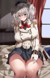  1girl anchor_symbol bad_id bad_twitter_id beret blue_eyes book breasts frilled_sleeves frills gloves hair_ribbon hat highres indoors jacket kantai_collection kashima_(kancolle) large_breasts miniskirt neckerchief on_bed poko_chin ribbon silver_hair skirt solo two_side_up white_gloves 
