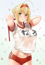 &gt;:) 1girl ahoge armpits arms_up bad_id bad_twitter_id blonde_hair blush braid breasts buruma closed_mouth confetti cowboy_shot fate/grand_order fate_(series) gachou gradient_background green_eyes grey_background gym_shirt gym_uniform hair_bun hair_intakes hairband large_breasts looking_at_viewer name_tag navel nero_claudius_(fate) nero_claudius_(fate)_(all) nero_claudius_(fate/extra) official_alternate_costume red_buruma red_hairband see-through shirt short_hair short_sleeves single_hair_bun smile solo stomach sweat v-shaped_eyebrows white_shirt rating:Questionable score:30 user:danbooru