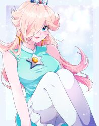  1girl artist_name bare_shoulders blonde_hair blue_dress blue_eyes blush breasts crown dress earrings hair_between_eyes hair_over_one_eye highres indisk_irio jewelry large_breasts light long_hair looking_at_viewer mario_(series) mario_tennis nintendo off-shoulder_dress off_shoulder open_mouth pantyhose rosalina simple_background sitting smile solo star_(symbol) star_earrings tennis_rosalina thick_eyelashes white_pantyhose 