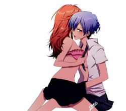 2girls akuma_no_riddle artist_request azuma_tokaku bare_arms bare_legs black_skirt blue_eyes blue_hair blue_skirt blush bra breasts couple female_focus fingering hair_between_eyes hair_down ichinose_haru legs long_hair looking_at_viewer midriff multiple_girls neck open_clothes open_shirt pink_bra red_hair shirt short_hair short_sleeves sitting sitting_on_person skirt small_breasts strapless strapless_bra tongue underwear white_shirt yuri rating:Questionable score:23 user:Recoil