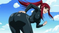 10s 1girl animated animated_gif ass ass_shake breasts erza_scarlet fairy_tail female_focus huge_ass large_breasts leotard long_hair ponytail red_hair sky talking rating:Questionable score:70 user:lkuroi