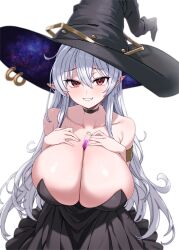 1girl absurdres between_breasts black_choker black_dress breasts choker cleavage collarbone commission dress grin hands_on_own_chest hat highres huge_breasts large_breasts long_hair looking_at_viewer original pointy_ears red_eyes smile solo white_background white_hair witch witch_hat yan.c 