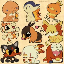 black_eyes blue_eyes brown_eyes charmander chimchar closed_eyes closed_mouth colored_sclera creatures_(company) cyndaquil fang fennekin fiery_tail fire fuecoco game_freak gen_1_pokemon gen_2_pokemon gen_3_pokemon gen_4_pokemon gen_5_pokemon gen_6_pokemon gen_7_pokemon gen_8_pokemon licking litten nintendo no_humans open_mouth pokemon pokemon_(creature) red_eyes scorbunny smile snailonsaturn standing tail tepig torchic yellow_sclera