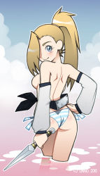 1girl ass blonde_hair blue_eyes blush breasts detached_sleeves grey_sleeves hair_over_one_eye hand_on_own_hip high_ponytail linno looking_at_viewer looking_back naruto naruto_(series) outdoors panties sideboob small_breasts smile solo striped_clothes striped_panties tagme topless underwear wading yamanaka_ino