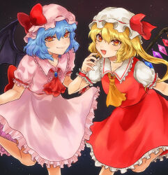 2girls ascot back_bow bat_wings blonde_hair blue_brooch blue_hair bow breasts brooch center_frills closed_mouth collarbone collared_shirt crystal dark_background fang fang_out feet_out_of_frame flandre_scarlet frilled_shirt_collar frilled_skirt frills hair_between_eyes haluta hat hat_bow hat_ribbon highres jewelry large_bow long_hair looking_at_viewer medium_hair mob_cap multicolored_wings multiple_girls one_side_up open_mouth pink_hat pink_shirt pink_skirt red_ascot red_bow red_eyes red_ribbon red_skirt red_vest remilia_scarlet ribbon ribbon-trimmed_headwear ribbon_trim shirt siblings sisters skin_fang skirt skirt_set small_breasts touhou vest white_hat white_shirt wings yellow_ascot 