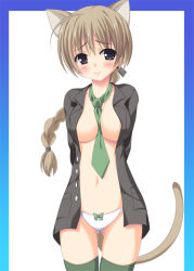  1girl animal_ears asa_no_ha_(awayuki) blue_eyes blush braid breasts brown_eyes cat_ears cat_tail long_hair lynette_bishop medium_breasts necktie no_bra open_clothes open_shirt panties shirt single_braid solo strike_witches tail thighhighs underwear world_witches_series  rating:Questionable score:21 user:danbooru