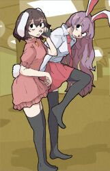  2girls absurdres animal_ears backrooms_(creepypasta) black_eyes black_thighhighs brown_hair carrot_necklace ceiling_light collared_shirt commentary dress floppy_ears foot_out_of_frame full_body headhonchkrow highres holding holding_phone inaba_tewi indoors jewelry long_hair long_sleeves multiple_girls necklace necktie no_shoes open_mouth phone pink_dress pink_necktie pink_skirt pleated_skirt rabbit_ears rabbit_girl rabbit_tail reisen_udongein_inaba shirt short_hair short_sleeves skirt standing standing_on_one_leg tail talking_on_phone thighhighs touhou very_long_hair white_shirt 
