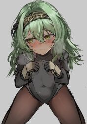  1girl absurdres armored_gloves belt_pouch black_bodysuit black_ribbon blush bodysuit breasts covered_navel from_above fur_collar goddess_of_victory:_nikke green_hair hair_ribbon hairband highres kilo_(nikke) long_hair long_sleeves looking_to_the_side pouch ribbon skin_tight small_breasts solo ssa_(kiseion) sweatdrop yellow_eyes  rating:Sensitive score:14 user:Leksa