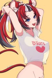  1girl :d absurdres animal_ear_fluff animal_ears arms_up bare_hips black_hair blush bottomless breasts coubalt covered_erect_nipples fangs female_pubic_hair hakos_baelz highres hololive hololive_english large_breasts long_hair looking_at_viewer midriff mouse_ears mouse_girl mouse_tail multicolored_hair navel nipples no_bra open_mouth out-of-frame_censoring ponytail print_shirt pubic_hair red_hair see-through see-through_silhouette shirt short_sleeves simple_background smile solo streaked_hair t-shirt tail virtual_youtuber white_hair white_shirt yellow_background 