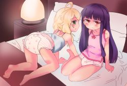 2girls all_fours artist_request ass bed blush diaper flat_chest from_behind idolmaster idolmaster_cinderella_girls idolmaster_cinderella_girls_starlight_stage loli multiple_girls sajo_yukimi sitting tagme yusa_kozue rating:Questionable score:29 user:loli_sector