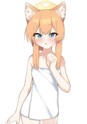  1girl absurdres animal_ear_fluff animal_ears blue_archive blue_eyes blush cat_ears collarbone cowboy_shot flat_chest halo highres loli long_hair looking_at_viewer mari_(blue_archive) naked_towel open_mouth orange_hair simple_background solo teruisi towel white_background white_towel yellow_halo 