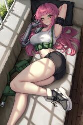  1girl absurdres ass bare_shoulders blush breasts cyborg green_eyes highres large_breasts long_hair looking_at_viewer lying mechanical_arms on_back original pink_hair reiju_niboshi sainty shoes short_shorts shorts smile solo star_tattoo tattoo thick_thighs thighs  rating:General score:8 user:armorcrystal