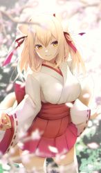  1girl animal_ear_fluff animal_ears blonde_hair blurry blurry_background blurry_foreground breasts chita_(ketchup) closed_mouth depth_of_field fox_ears fox_girl fox_tail hair_between_eyes highres japanese_clothes kimono long_hair long_sleeves looking_at_viewer medium_breasts miko nail_polish original pleated_skirt purple_nails red_eyes red_skirt ribbon-trimmed_sleeves ribbon_trim short_eyebrows signature skirt sleeves_past_wrists smile solo standing tail thick_eyebrows thighhighs white_kimono white_thighhighs wide_sleeves  rating:Sensitive score:5 user:danbooru