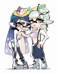  2girls baggy_pants bare_shoulders between_legs blue_hair blue_pants blue_pantyhose blunt_bangs blunt_ends boots callie_(splatoon) collarbone earrings food food_on_head full_body gradient_hair grey_footwear grey_skirt grey_tube_top grin hand_between_legs hand_on_another&#039;s_shoulder hand_on_own_hip highres holographic_clothing inkling jewelry long_hair looking_at_viewer looking_to_the_side marie_(splatoon) medium_hair midriff miniskirt mole mole_under_eye multicolored_hair multiple_girls navel nintendo object_on_head official_alternate_costume official_alternate_hairstyle orange_eyes oyster pants pantyhose parted_lips pencil_skirt pink_hair pointy_ears shrimp sidelocks skirt smile splatoon_(series) splatoon_3 standing star-shaped_pupils star_(symbol) strapless suspenders symbol-shaped_pupils tentacle_hair thick_eyebrows tube_top twintails two-tone_hair ukata very_long_hair 