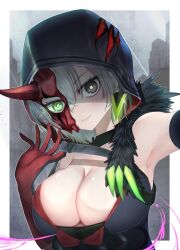  1girl armpit_peek cleaveage detached_sleeves diabellstar_the_black_witch duel_monster earrings green_eyes half_mask highres hood hood_up jewelry mask red_mask strap_pull yu-gi-oh!  rating:General score:8 user:REO33