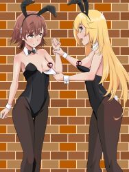 +_+ 2023 20s 2girls alternate_breast_size assisted_exposure bare_shoulders blonde_hair blush breasts breasts_out brick_wall brown_eyes brown_hair censored censored_nipples collarbone feet_out_of_frame female_focus flower hair_flower hair_ornament long_hair looking_at_another maruze_circus matching_hair/eyes medium_breasts misaka_mikoto multiple_girls open_mouth pantyhose rabbit_ears rabbit_tail shokuhou_misaki short_hair small_breasts smile standing star-shaped_pupils star_(symbol) symbol-shaped_pupils toaru_kagaku_no_railgun toaru_majutsu_no_index unusual_pupils yellow_eyes 