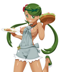  1girl armpits arms_up breasts cowboy_shot creatures_(company) dark-skinned_female dark_skin eyes_visible_through_hair female_focus game_freak green_eyes green_hair kohsaka_jun long_hair looking_at_viewer mallow_(pokemon) medium_breasts naked_overalls nintendo nipples no_bra overalls plate pokemon pokemon_(anime) pokemon_sm simple_background smile solo swept_bangs twintails very_long_hair white_background  rating:Questionable score:55 user:Rocbleaser