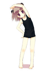  1girl armpits barefoot brown_eyes brown_hair feet flat_chest full_body meito_(maze) one-piece_swimsuit original purple_eyes school_swimsuit short_hair solo standing swimsuit toes twintails  rating:Sensitive score:13 user:Fragnostic