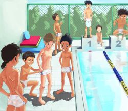  6+boys ass barefoot blush bulge copyright_request feet grin highres jammers jammers_pull kickboard male_focus male_swimwear male_swimwear_pull multiple_boys nipples outdoors poolside pulling_another&#039;s_clothes satou_(satohstc) shota smile summer sweat swimsuit tagme tan tanline teeth toes topless_male water wet white_jammers white_male_swimwear wince  rating:Questionable score:55 user:harucho
