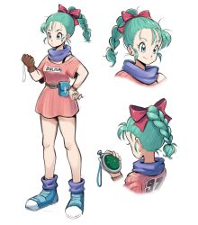  1girl blue_eyes blue_footwear blue_hair bow braid braided_ponytail brown_gloves bulma closed_mouth commentary dragon_ball dragon_ball_(classic) dragon_radar dress english_commentary full_body gloves hair_bow hand_on_own_hip highres mr.thunderigor multiple_views pink_dress purple_scarf red_bow scarf shoes single_glove smile white_background 