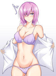 1girl ^^^ bare_shoulders blue_background blush bow bow_panties bra breasts cleavage commentary_request cowboy_shot fate/grand_order fate_(series) gradient_background groin hair_over_one_eye highres large_breasts looking_at_viewer mash_kyrielight midriff navel panties pink_hair purple_bra purple_eyes purple_panties shirt short_hair solo standing thighs underwear undressing watarase_piro white_background white_bow white_shirt rating:Sensitive score:23 user:danbooru