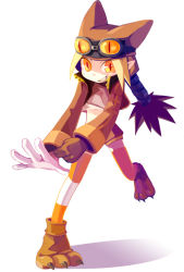 1girl aiko_(nothing_for) aiko_(pixiv) animal_hat blonde_hair claws disgaea fang flapper_shirt foreshortening gloves goggles grin half-shirt hat orange_eyes pointy_ears ponytail shirt shorts simple_background smile solo striped_clothes striped_thighhighs thief_(disgaea) thighhighs zettai_ryouiki