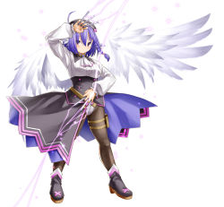 1girl ahoge animal_ears ankle_boots ascot beret between_fingers blue_hair blush boots braid breasts character_request dress_shirt electricity emil_chronicle_online feathered_wings full_body gem hat highres holding kasuga_yukihito low_wings medium_breasts panties pantyhose pantyshot pouch purple_eyes shirt showgirl_skirt single_braid solo thigh_pouch underbust underwear weapon white_panties white_wings wings
