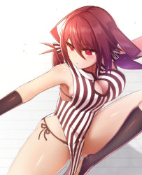 1girl black_gloves black_legwear bra breasts brown_hair cleavage cleavage_cutout clothing_cutout elbow_gloves gloves konohana_saku large_breasts original outstretched_arms panties red_eyes serious side-tie_panties solo standing standing_on_one_leg striped_bra striped_clothes striped_panties twintails underwear