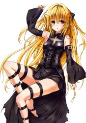 1girl absurdres arm_up armpits barefoot belt black_dress blonde_hair breasts cleavage_cutout clothing_cutout covered_erect_nipples detached_sleeves dress feet highres konjiki_no_yami long_hair looking_at_viewer official_art parted_lips red_eyes sideboob simple_background sleeveless sleeveless_dress small_breasts solo thigh_strap to_love-ru toes torn_clothes torn_dress very_long_hair white_background yabuki_kentarou rating:Sensitive score:30 user:danbooru