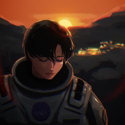  1girl black_hair blurry blurry_background closed_eyes commentary dr._amelia_brand eatslugs english_commentary facing_viewer highres interstellar_(movie) nasa_logo orange_sky outdoors parted_bangs short_hair sky solo spacesuit sunset upper_body 