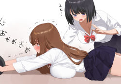 2girls black_hair blue_eyes blue_skirt bow bowtie breast_press breasts brown_hair cleavage kaisen_chuui large_breasts long_hair looking_at_another lying multiple_girls on_stomach original panties profile red_bow red_bowtie school_uniform shirt short_hair side-tie_panties skirt underwear white_shirt rating:Questionable score:47 user:danbooru