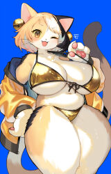  1girl ;d absurdres animal_ears bell bikini black_hair blue_background body_fur breasts brown_eyes cat_ears cat_girl cat_tail fang furry furry_female gold_bikini golden_week hair_between_eyes highres huge_breasts jacket jingle_bell kishibe long_hair looking_at_viewer multicolored_hair navel one_eye_closed open_clothes open_jacket open_mouth orange_jacket original short_hair simple_background smile solo standing swimsuit tail thick_thighs thighs two-tone_hair white_fur 