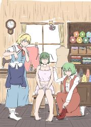 3girls absurdres alice_margatroid antennae ascot blonde_hair bloomers blue_dress blue_eyes blush clock clothes_hanger cutting_clothes doll dress fabric green_eyes green_hair hairband hand_on_own_chin highres holding holding_clothes_hanger kazami_yuuka long_sleeves mannequin multiple_girls narun_adanagi puffy_short_sleeves puffy_sleeves red_ascot red_eyes red_hairband red_skirt red_vest shelf shirt short_sleeves sitting skirt sleepwear touhou trying_on_clothes underwear vest white_shirt window wriggle_nightbug yellow_ascot