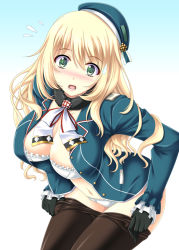 10s 1girl akino_shin atago_(kancolle) bent_over beret black_gloves black_pantyhose blonde_hair blue_background blush breasts caught cowboy_shot female_focus flying_sweatdrops gloves gradient_background green_eyes hat kantai_collection large_breasts leaning_forward long_hair looking_at_viewer military military_uniform navel open_mouth panties pantyhose solo unbuttoned underwear undressing uniform wavy_hair white_background white_panties wide-eyed rating:Questionable score:23 user:danbooru