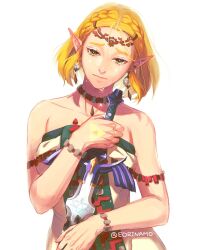  1girl armlet bare_shoulders bracelet braid breasts circlet collarbone crown_braid crying dress earrings eorinamo green_eyes highres holding holding_sword holding_weapon jewelry master_sword medium_breasts necklace nintendo parted_bangs pointy_ears princess_zelda short_hair sidelocks solo strapless strapless_dress sword teardrop_facial_mark tears the_legend_of_zelda the_legend_of_zelda:_tears_of_the_kingdom triforce twitter_username upper_body weapon white_background white_dress 