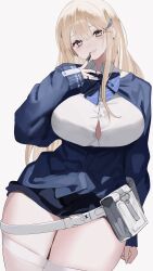  1girl belt_pouch blonde_hair blue_bow blue_bowtie blue_jacket blush bow bowtie breasts brown_eyes claw_ring cleavage collared_shirt finger_to_mouth goddess_of_victory:_nikke hair_ornament highres huge_breasts jacket jewelry long_hair looking_at_viewer mole mole_under_eye multiple_rings off-shoulder_jacket off_shoulder partially_unbuttoned pencil_skirt pouch puffy_sleeves ring shirt skirt sleeves_past_wrists solo strap thighs tia_(nikke) white_shirt wide_hips yougashi 