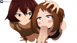  1boy 2girls arm_support artist_name assisted_fellatio bisexual_female black_tank_top boku_no_hero_academia breasts brown_eyes brown_hair brown_sweater cleavage erection felipe_godoy fellatio from_above hand_on_another&#039;s_head heart heart-shaped_pupils kneeling large_penis looking_at_another mandalay_(boku_no_hero_academia) medium_breasts medium_hair multiple_girls oral penis pov rolling_eyes saliva sexual_coaching short_hair simple_background smile sweat sweater symbol-shaped_pupils tank_top uncensored uraraka_ochako watermark white_background  rating:Explicit score:1375 user:CouldIchoosemyusername