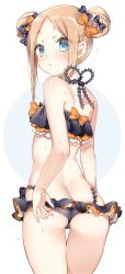  1girl abigail_williams_(emerald_float)_(fate) abigail_williams_(fate) ass back bikini black_bikini blonde_hair blue_eyes bow butt_crack double_bun fate/grand_order fate_(series) forehead frilled_bikini frills hair_bun highres official_alternate_costume orange_bow parted_bangs polka_dot polka_dot_bow sino_(sionori) solo swimsuit  rating:Questionable score:25 user:danbooru