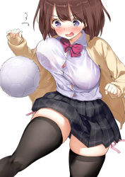 1girl ball black_skirt black_thighhighs blush breasts brown_hair cardigan commentary_request kaisen_chuui large_breasts long_sleeves neckerchief open_cardigan open_clothes open_mouth original panties pink_panties plaid plaid_skirt pleated_skirt purple_eyes red_neckerchief school_uniform shirt shirt_tucked_in short_hair side-tie_panties side-tie_peek simple_background skindentation skirt sleeves_past_wrists soccer_ball solo surprised sweatdrop thick_thighs thighhighs thighs underwear white_background white_shirt wide-eyed rating:Questionable score:50 user:danbooru
