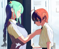 2girls adjusting_another&#039;s_clothes adjusting_bowtie ahoge aqua_hair averting_eyes blush bow bowtie braid closed_eyes collared_shirt cone_horns from_side hair_between_eyes hipa_(some1else45) horns locker locker_room long_hair low-braided_long_hair low-tied_long_hair multiple_girls nahia_(some1else45) original parted_lips profile red_hair shirt shirt_tucked_in short_sleeves sidelighting single_braid some1else45 sweater_vest two_side_up upper_body