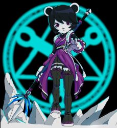 1girl :&lt; animal_ears armor black_background black_hair boots dress freedom8 freedom_planet freedom_planet_2 frown furry galaxytrail hexagram highres holding holding_weapon ice japanese_clothes looking_at_viewer neera_li panda_ears purple_eyes short_hair shoulder_armor staff standing text_background thigh_boots thighhighs weapon zettai_ryouiki