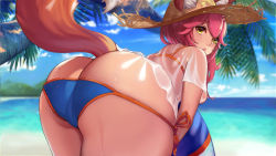 1girl animal_ear_fluff animal_ears ass back ball bare_shoulders beach beachball bent_over bikini bikini_bottom_only bikini_under_clothes blue_bikini blush breasts butt_crack cloud curvy day ears_through_headwear fate/grand_order fate_(series) fox_ears fox_girl fox_tail from_behind halterneck hat hip_focus huge_ass innertube large_breasts long_hair looking_at_viewer looking_back ocean open_mouth palm_tree pink_hair sand see-through shiny_skin short_sleeves sideboob sky solo straw_hat swim_ring swimsuit tail tamamo_(fate) tamamo_no_mae_(fate/extra) tamamo_no_mae_(swimsuit_lancer)_(fate) tamamo_no_mae_(swimsuit_lancer)_(second_ascension)_(fate) thick_thighs thigh_gap thighs tree wide_hips wuguno_ziran_juan yellow_eyes rating:Explicit score:44 user:armorcrystal