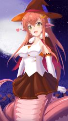  1girl :d blush breasts collarbone dated elbow_gloves fang full_moon fur_trim gloves hair_between_eyes hair_ornament hairclip halloween halloween_costume highres long_hair miia_(monster_musume) monster_girl monster_musume_no_iru_nichijou moon open_mouth pointy_ears red_hair scales sidelocks skirt smile solo tail witch witch yellow_eyes z_-_chcrghan 