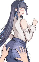  1girl ass ass_grab black_hair blue_eyes blue_hair blue_pants blush breasts clothing_cutout colored_inner_hair fang grabbing_another&#039;s_ass groping hair_intakes highres hololive hololive_english large_breasts looking_at_viewer multicolored_hair official_alternate_costume official_alternate_hair_length official_alternate_hairstyle open_mouth ouro_kronii ouro_kronii_(casual) pants sak1_01 shirt shoulder_cutout smile virtual_youtuber white_background white_shirt  rating:Sensitive score:28 user:danbooru