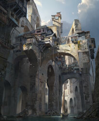  1boy absurdres arch architecture artist_name bad_id bad_pixiv_id boat building cloud day dutch_angle highres mrfloki original outdoors photoshop_(medium) river scenery sky solo stairs watercraft 