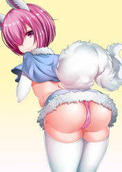 1girl absurdres alternate_costume animal_ears ass fate/grand_order fate_(series) from_behind hair_over_one_eye highres huge_ass leaning leaning_forward looking_at_viewer looking_back mash_kyrielight miniskirt nekosama_shugyouchuu panties purple_eyes purple_hair shiny_skin short_hair skirt smile solo tail thighhighs underwear upskirt white_thighhighs rating:Questionable score:24 user:armorcrystal
