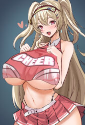  1girl :d blonde_hair blush breasts clay_(nikke) crop_top earrings goddess_of_victory:_nikke hair_intakes hair_ornament hairclip heart heart-shaped_pupils highres huge_breasts jewelry long_hair navel open_mouth pink_eyes red_shirt red_skirt sayashi_(type5_labyrith) shirt skirt smile solo symbol-shaped_pupils twintails two-tone_shirt two-tone_skirt underboob visor_cap white_skirt 