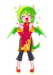  1girl absurdres black_pants blush_stickers china_dress chinese_clothes draco_centauros dragon_girl dragon_horns dragon_tail dragon_wings dress fang green_hair highres horns long_sleeves offbeat open_mouth pants pointy_ears puyopuyo red_dress red_footwear short_hair simple_background smile solo tail white_background wings 
